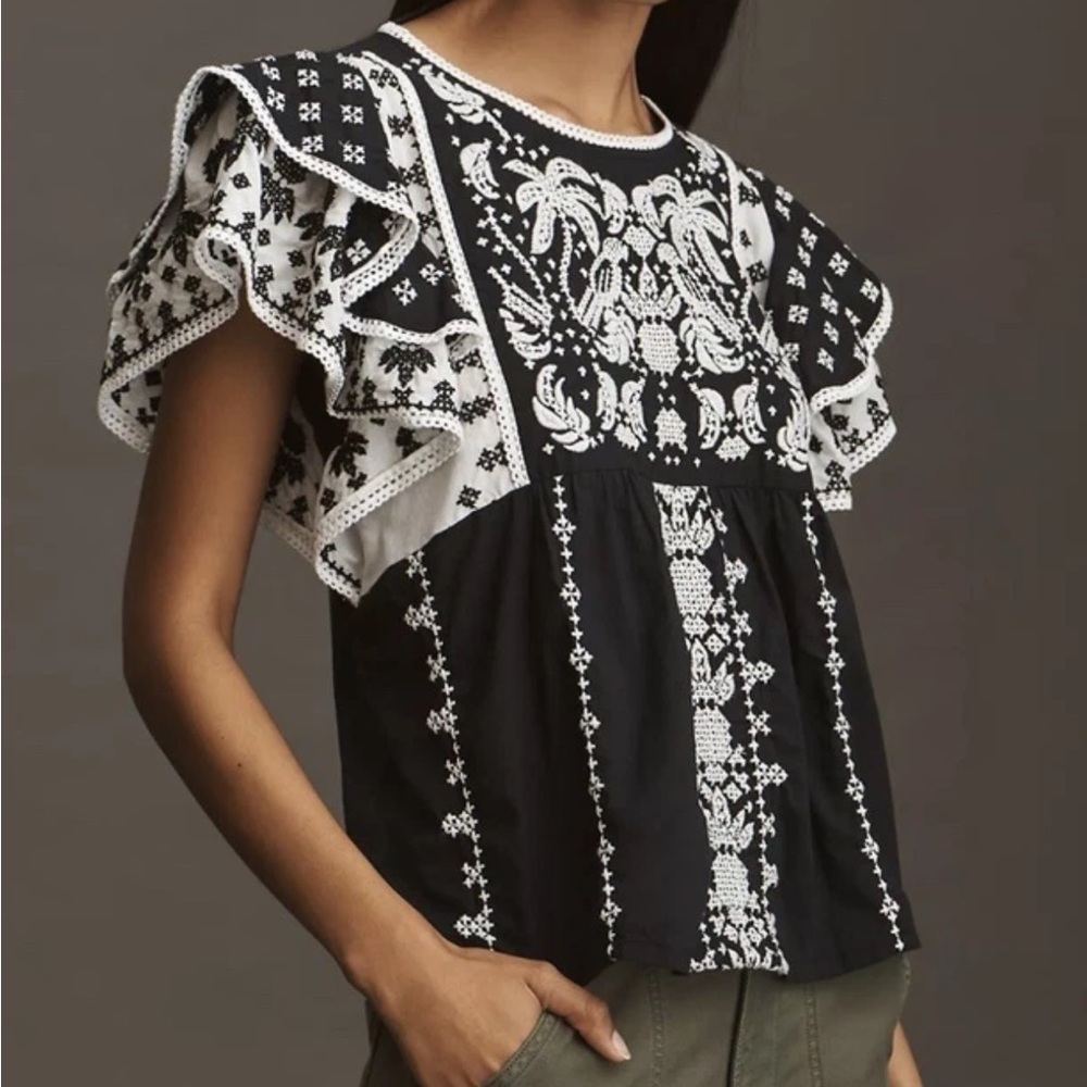 FARM Rio X Anthropologie Women’s Flutter Sleeve Printed Boho Top Black White